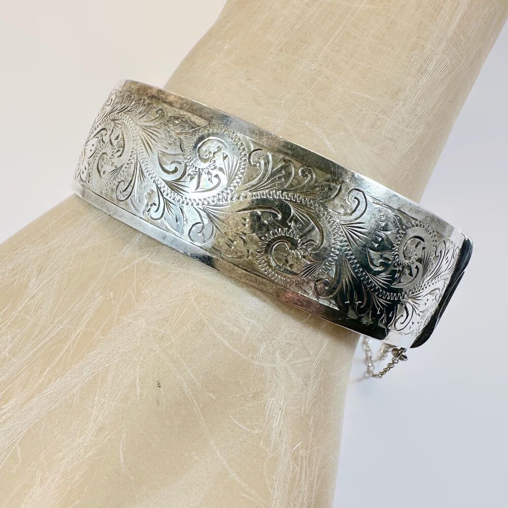 Antique English Sterling Silver Bangle, Etched Scrolls, Hinged Bracelet